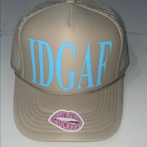 Funny Tan Trucker Hat with Blue IDGAF Text
